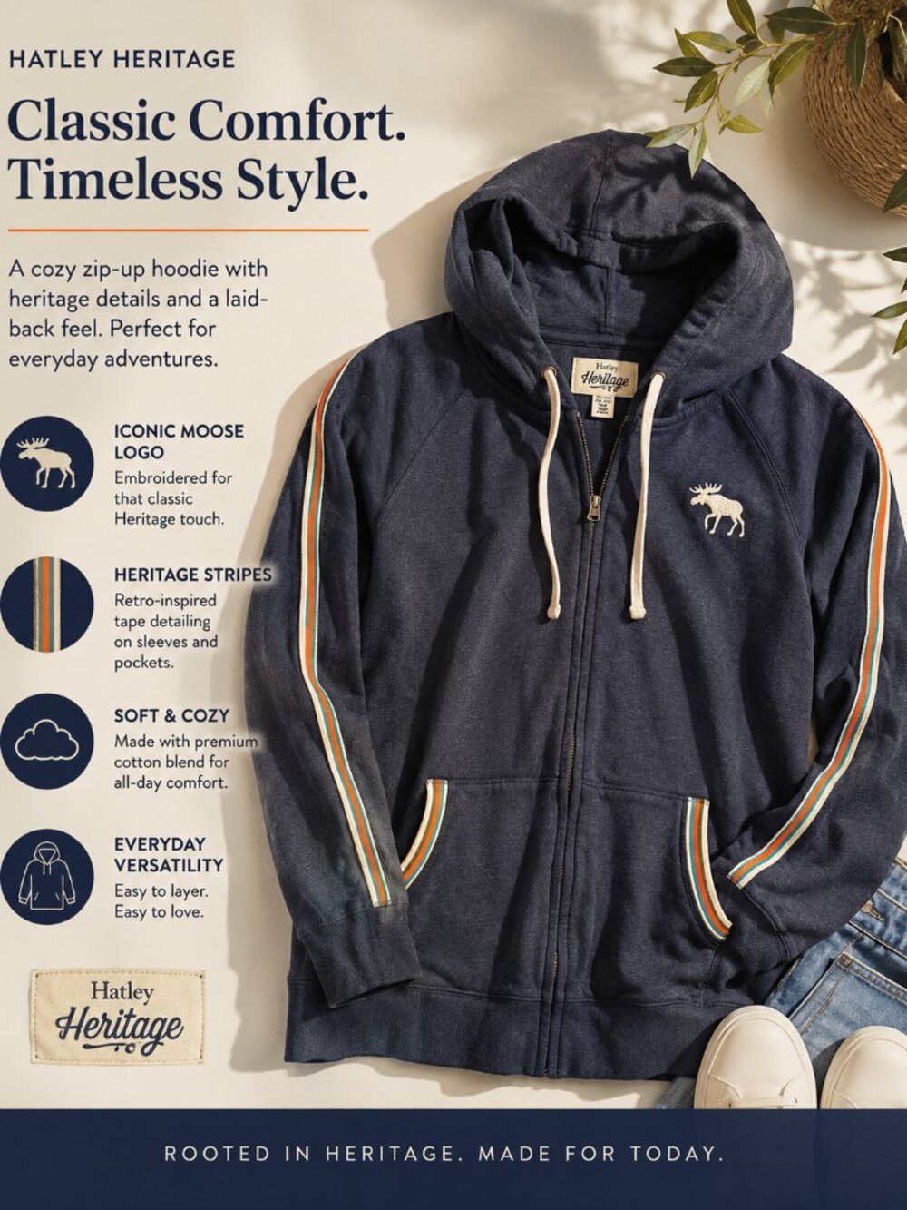 Hatley Heritage Zip-Up Hoodie Gray Unisex XL Moose Logo Rainbow Stripe Trim
